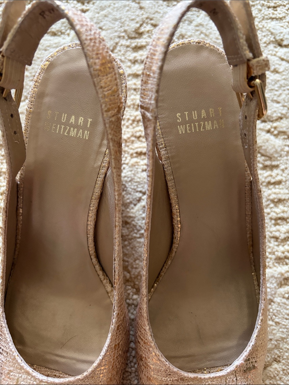 Stuart Weitzman Gold Cork Wedge Slingback Peep-Toe Sandals - Picture 4 of 7